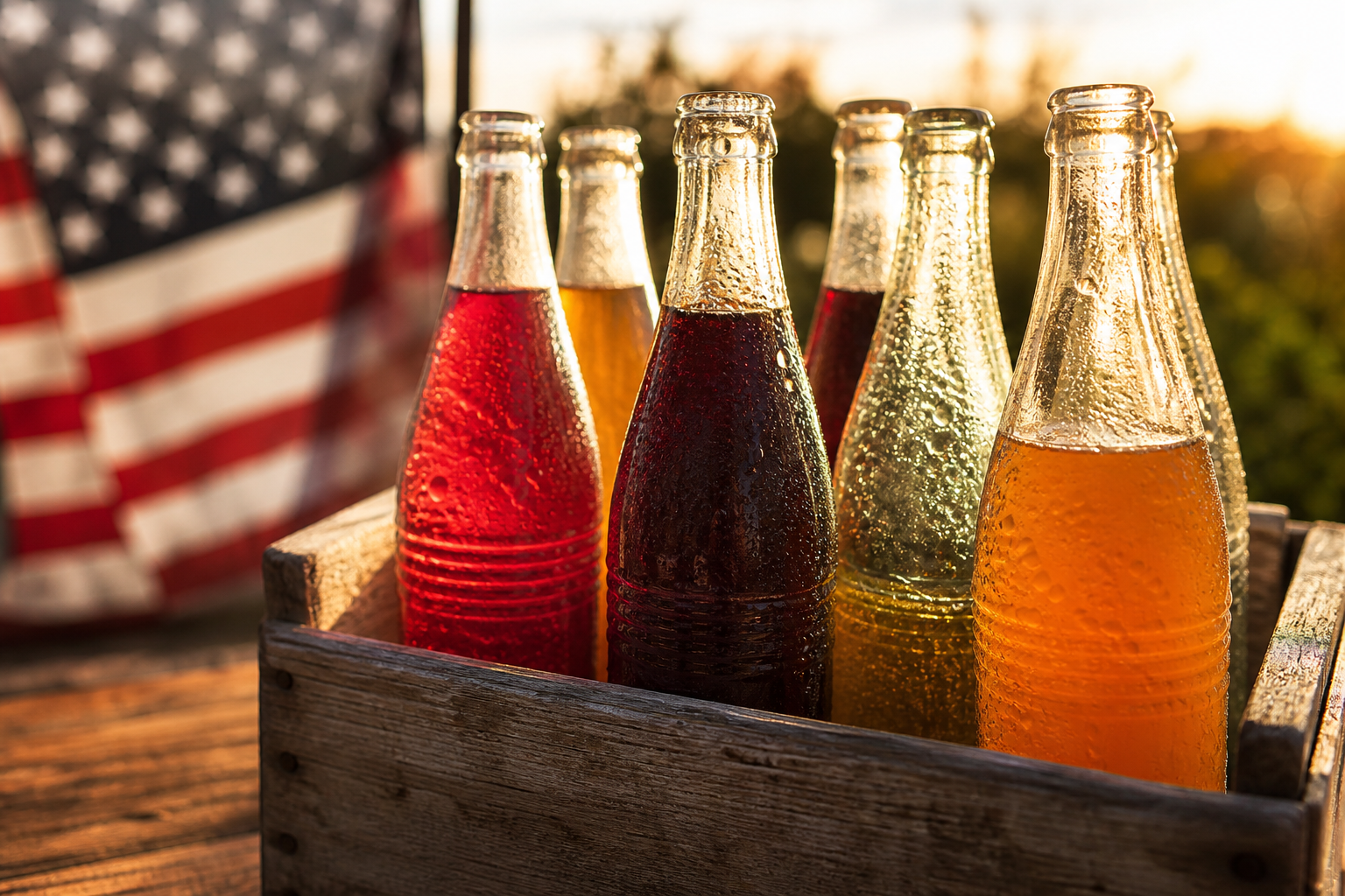 Vintage-style glass soda bottles on a wooden crate with condensation