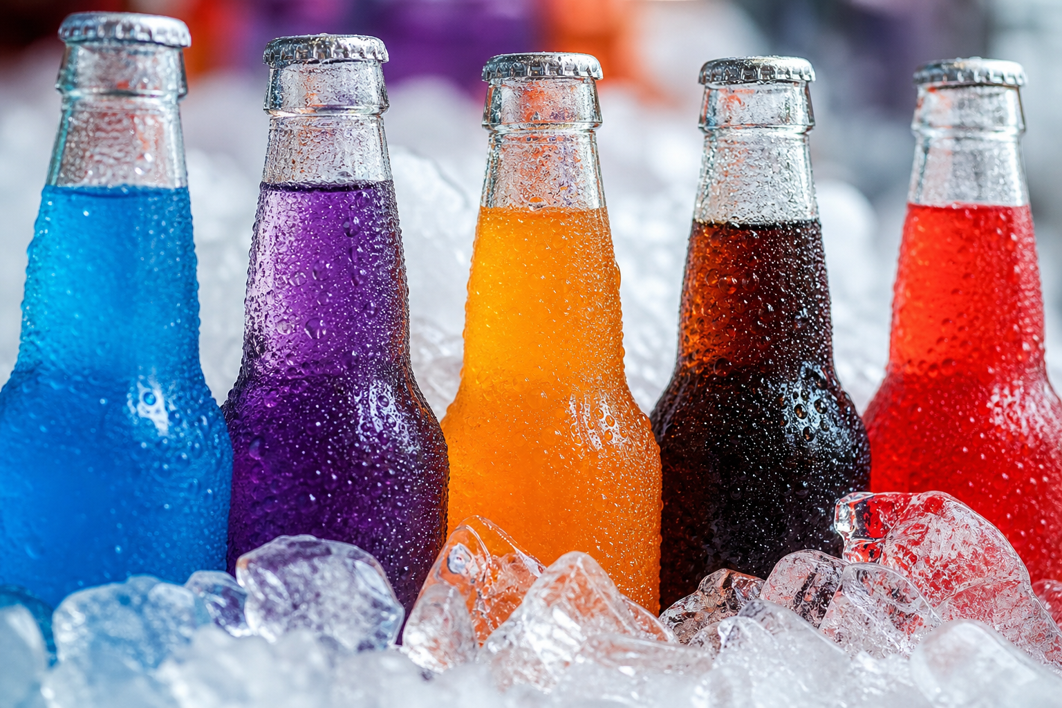 Row of colorful Frostie soda bottles on crushed ice